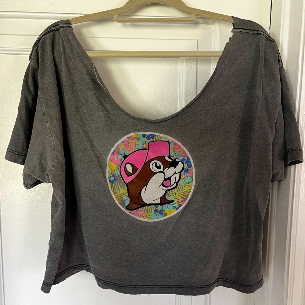Buc-ee’s Cropped Graphic Tee XL – Tropical Floral Beaver Logo, Charcoal Gray